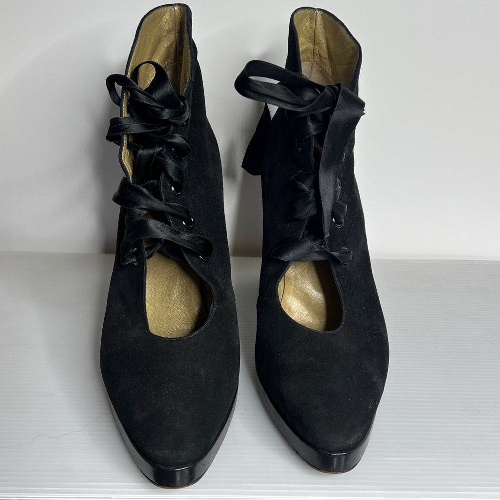 Yves Saint Laurent YSL Sz 9 Black Sude Silk Lace Up Ankle Heel Boots with Box - Picture 5 of 14